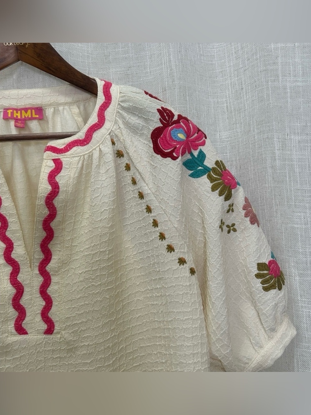 THML Cream Peasant Blouse with Pink & Multicolor Floral Embroidery Size Medium - Picture 5 of 8